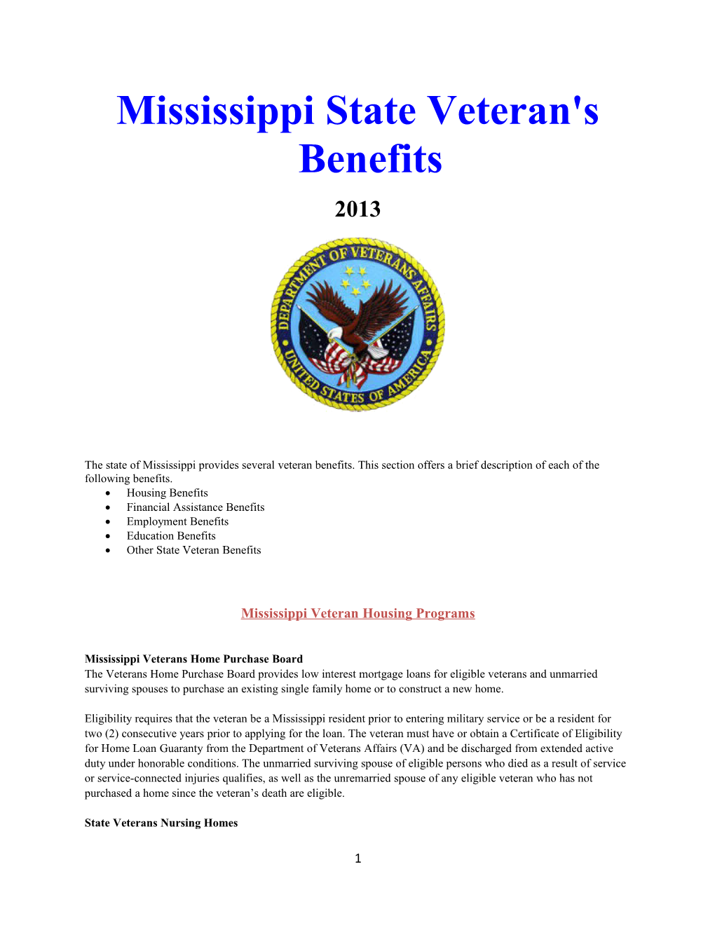 Mississippi State Veteran's Benefits