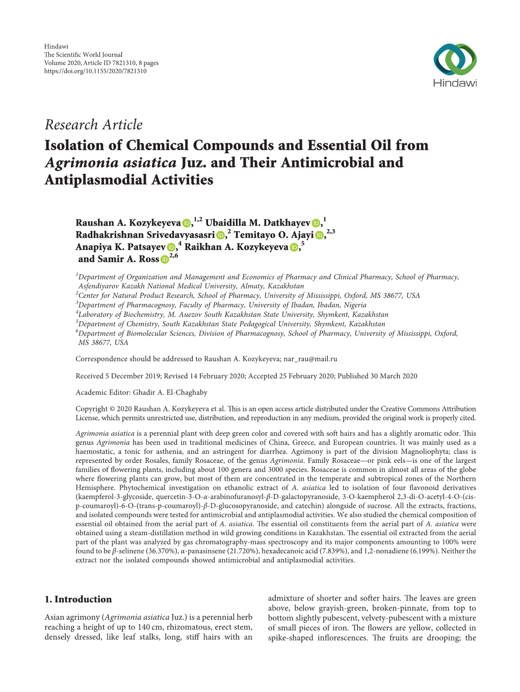 Isolation of Chemical Compounds and Essential Oil from Agrimonia Asiatica Juz