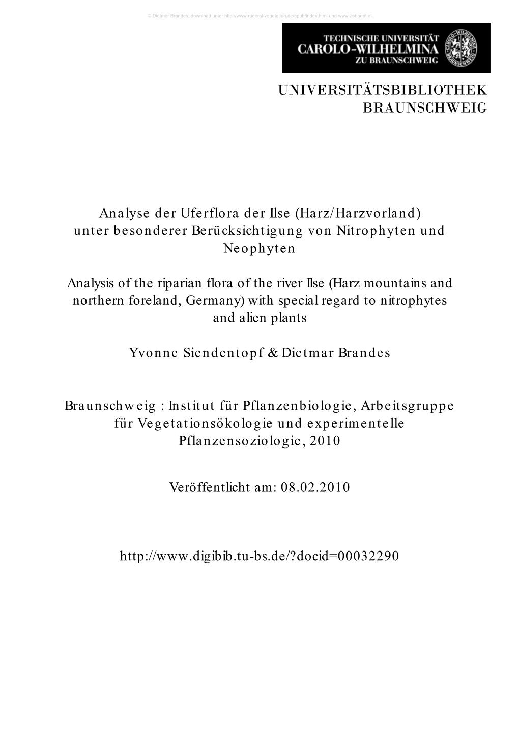 Analyse Der Uferflora Der Ilse (Harz/Harzvorland) Unter Besonderer Berücksichtigung Von Nitrophyten Und Neophyten