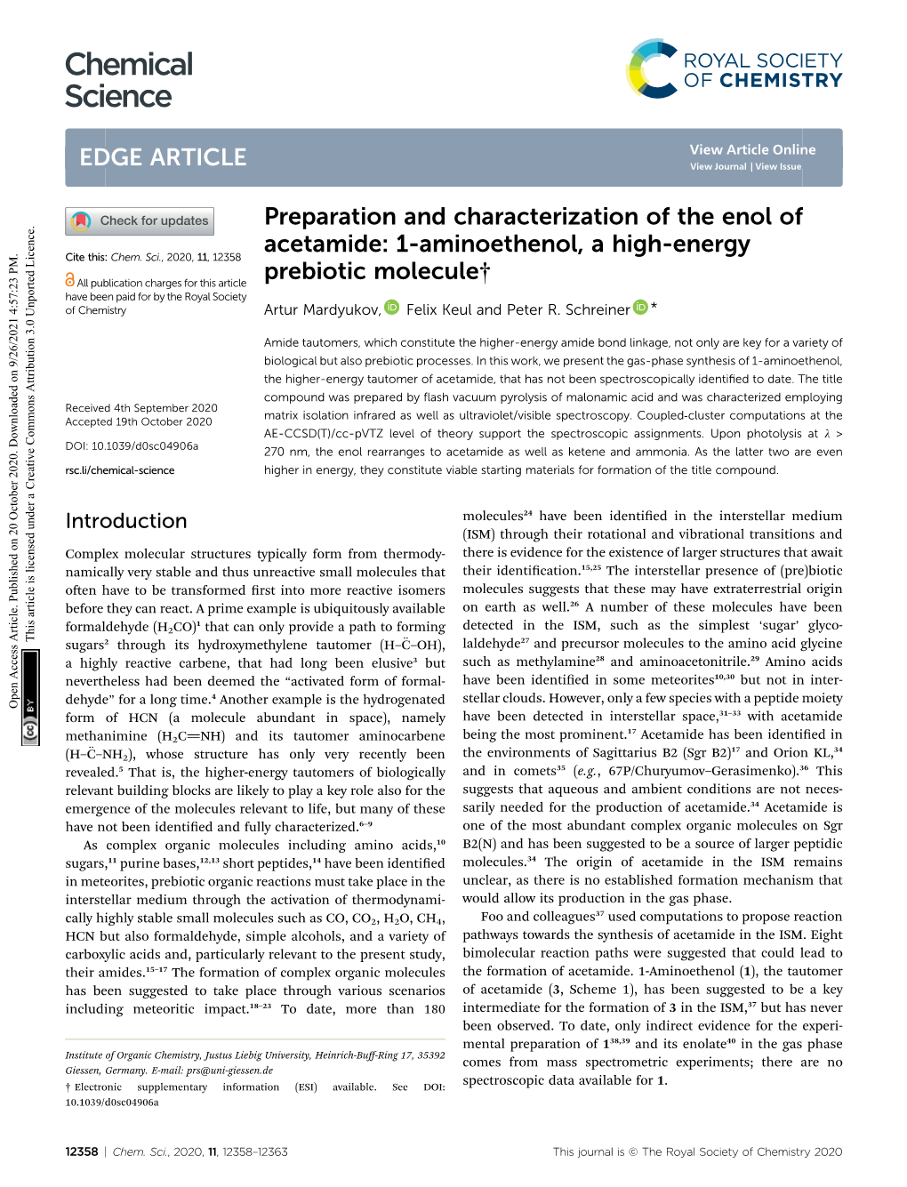 Preparation and Characterization of the Enol of Acetamide: 1-Aminoethenol, a High-Energy Cite This: Chem