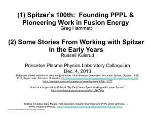 Spitzer S 100Th: Founding PPPL & Pioneering Work in Fusion Energy