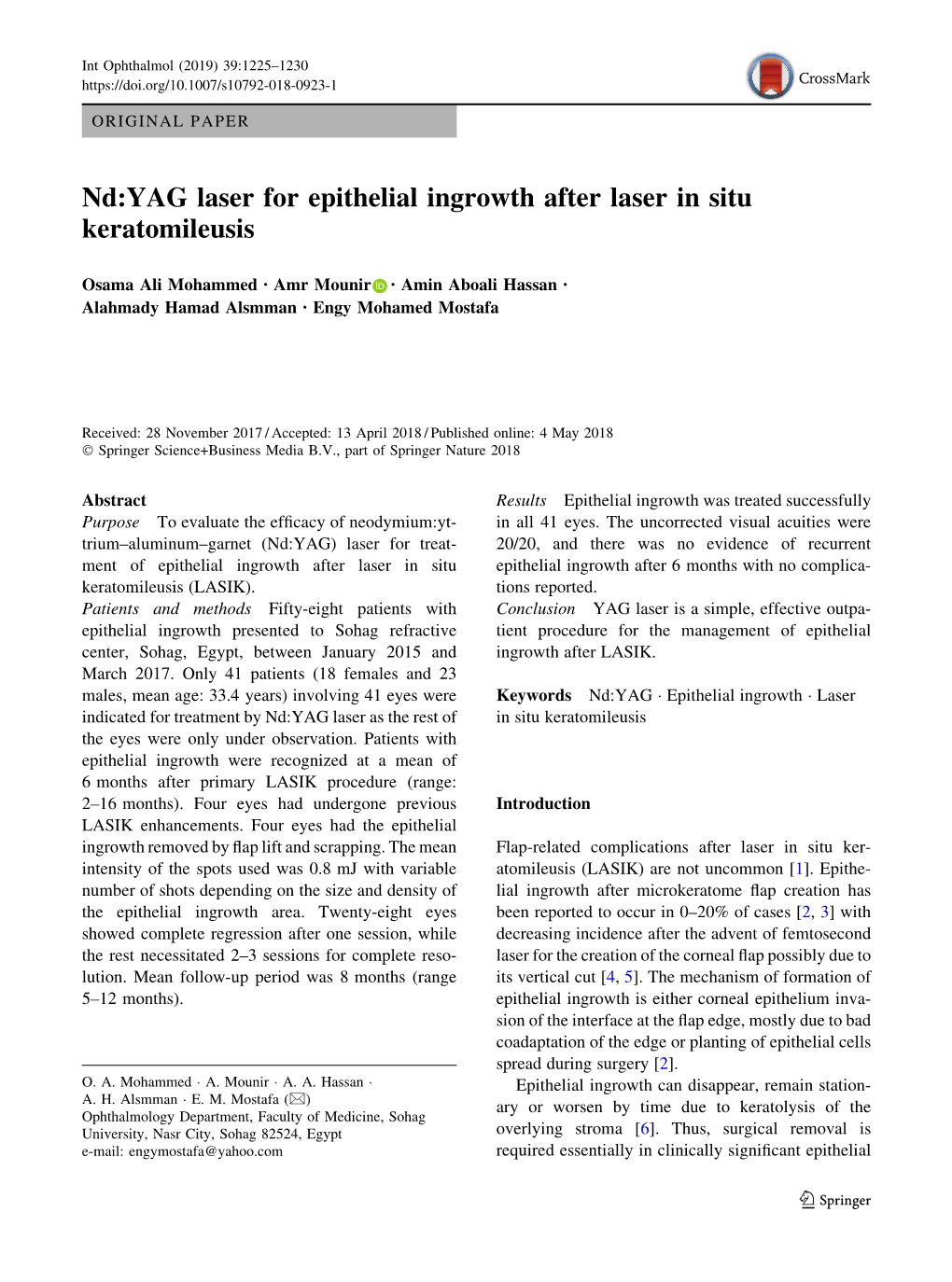 Nd:YAG Laser for Epithelial Ingrowth After Laser in Situ Keratomileusis