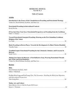 HOMILETIC JOURNAL Vol. 40, No. 1 Table of Contents Articles Introduction to the Essays of the Consultation on Preaching and Post