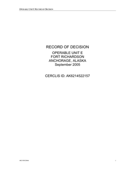 Record of Decision: Operable Unit E, Fort Richardson, Anchorage, Alaska