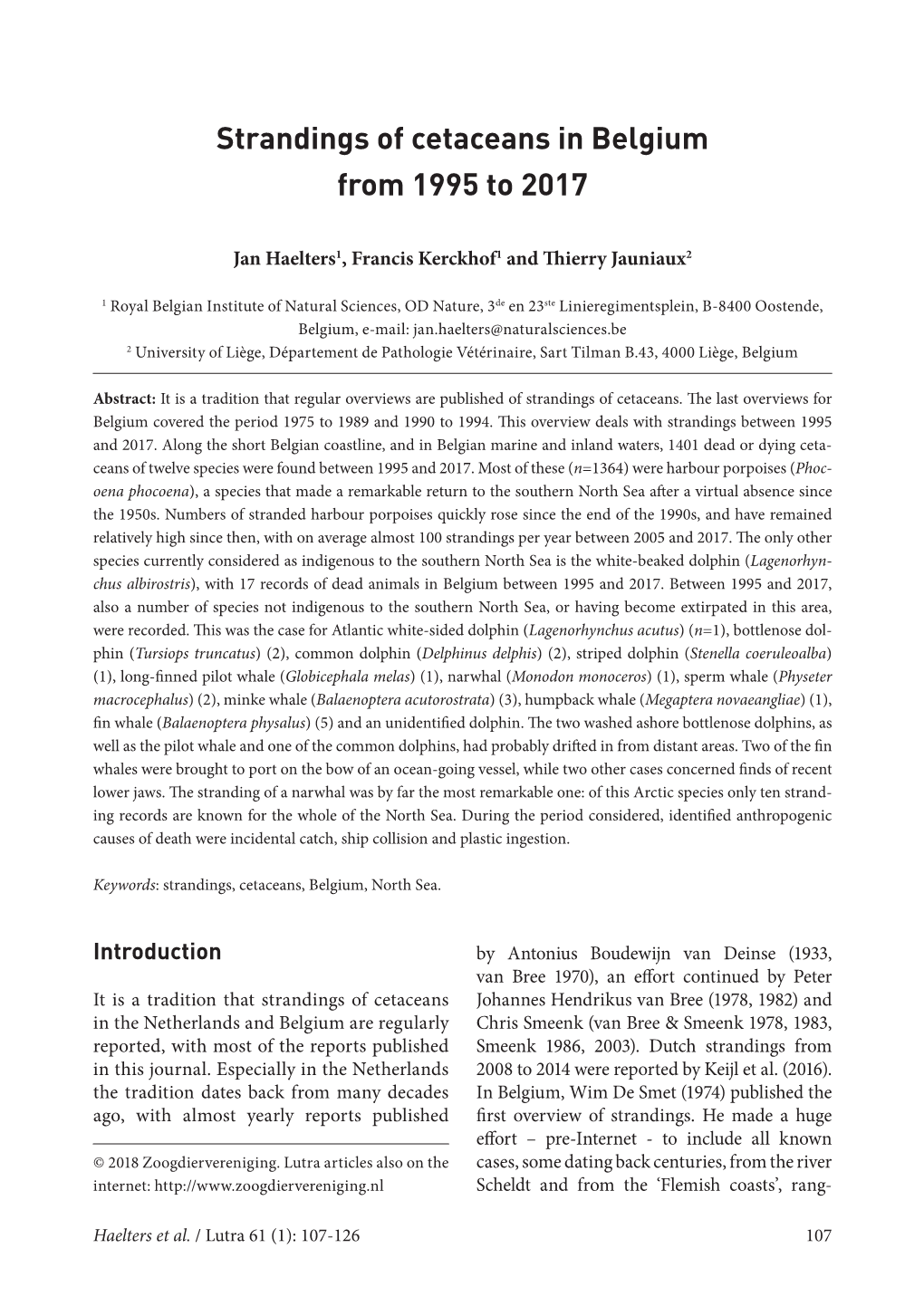 Strandings of Cetaceans in Belgium from 1995 to 2017