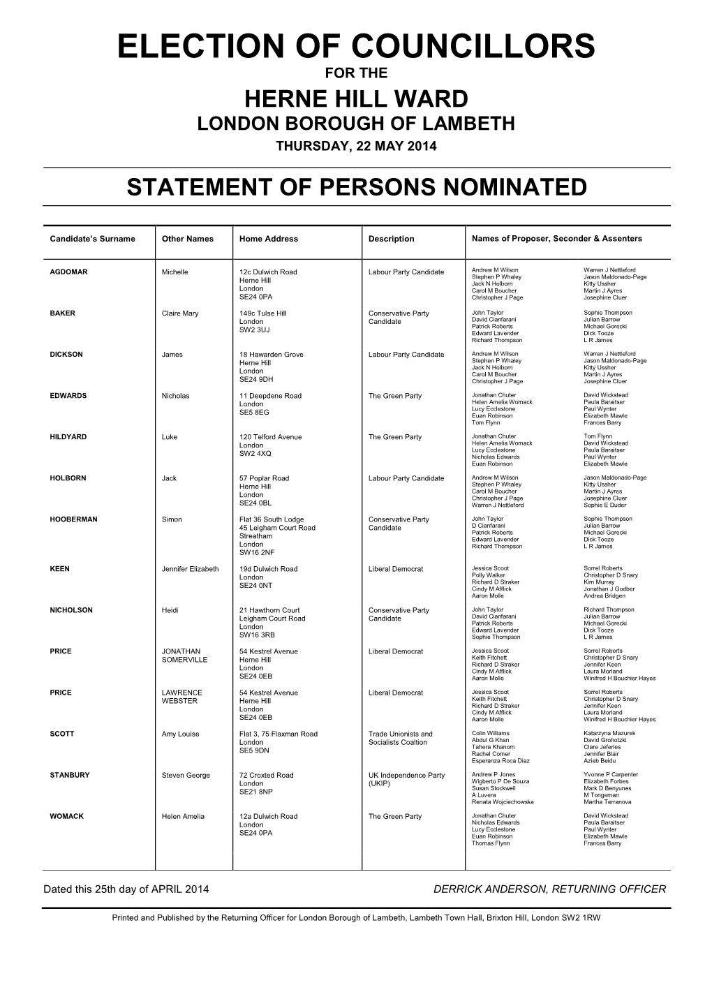 Election of Councillors for the Herne Hill Ward London Borough of Lambeth