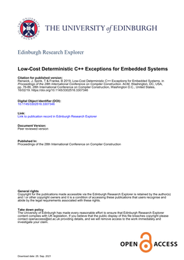 Low-Cost Deterministic C++ Exceptions for Embedded Systems