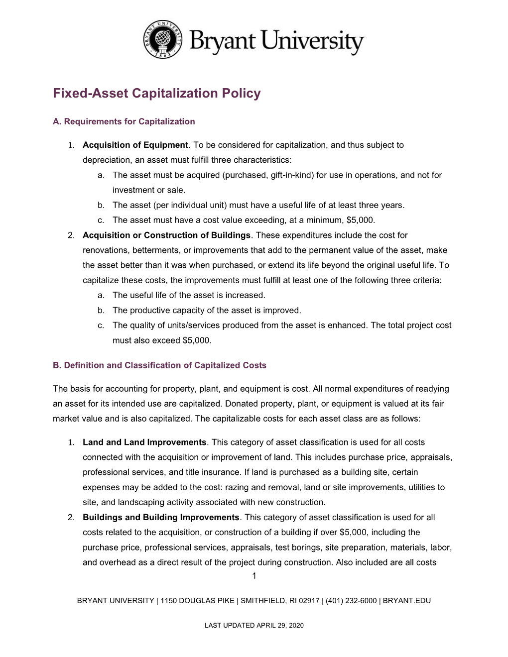 Fixed-Asset Capitalization Policy