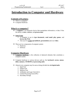 Introduction to Computer and Hardware