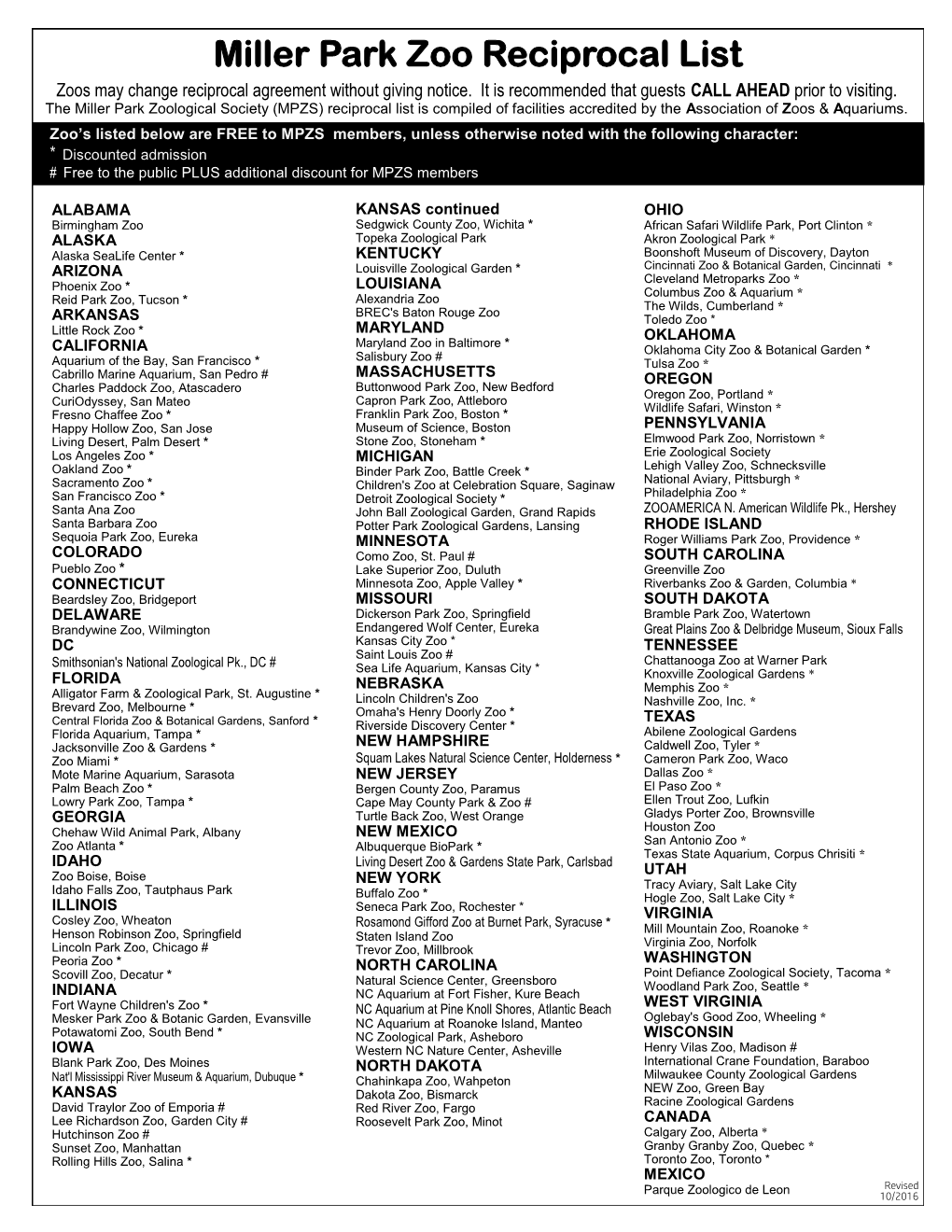 Miller Park Zoo Reciprocal List Zoos May Change Reciprocal Agreement