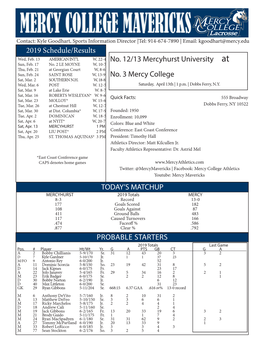 2019 Schedule/Results No. 12/13 Mercyhurst University at No. 3 Mercy College TODAY's MATCHUP PROBABLE STARTERS