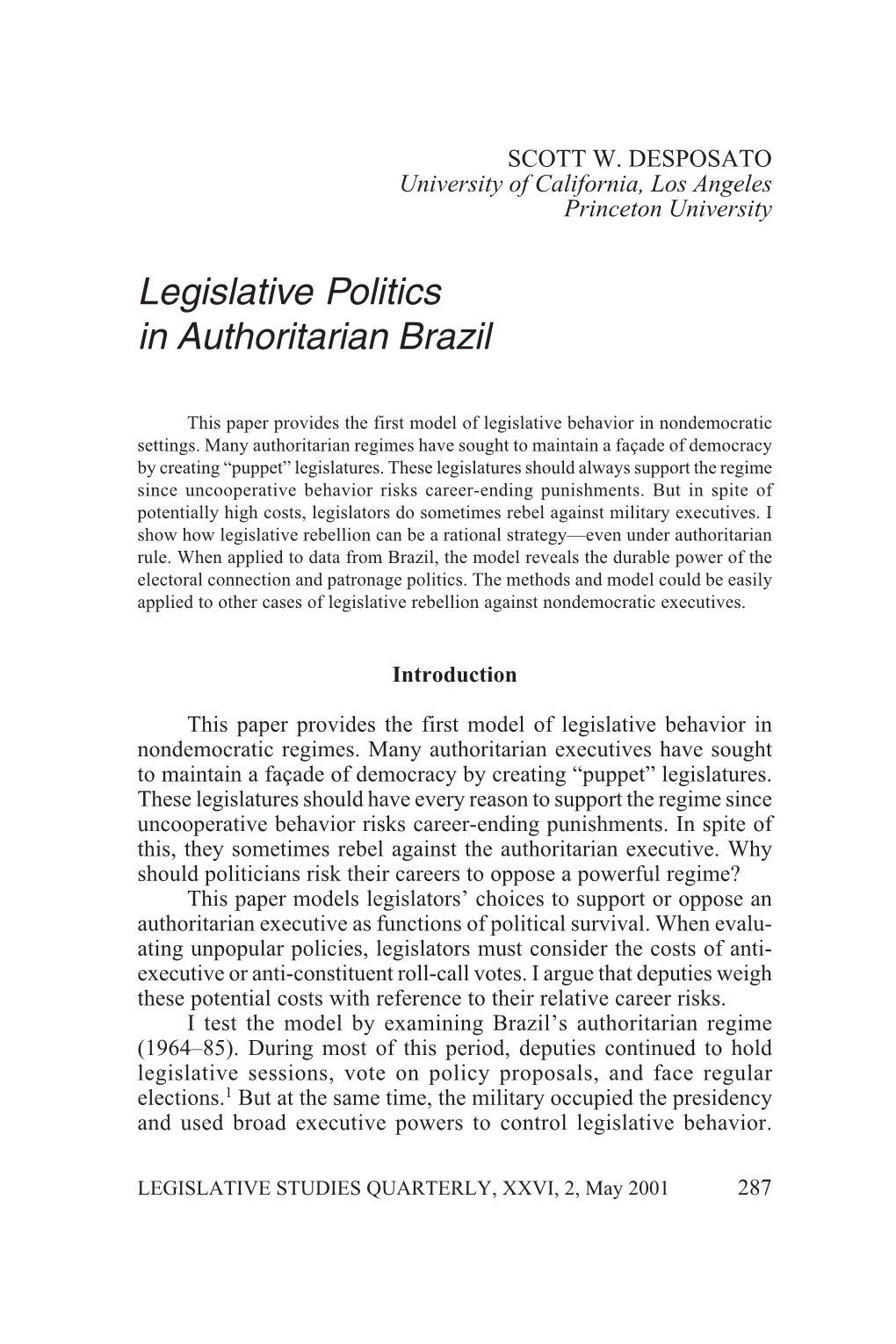Legislative Politics in Authoritarian Brazil 287