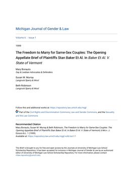The Freedom to Marry for Same-Sex Couples: the Opening Appellate Brief of Plaintiffs Stan Baker Et Al