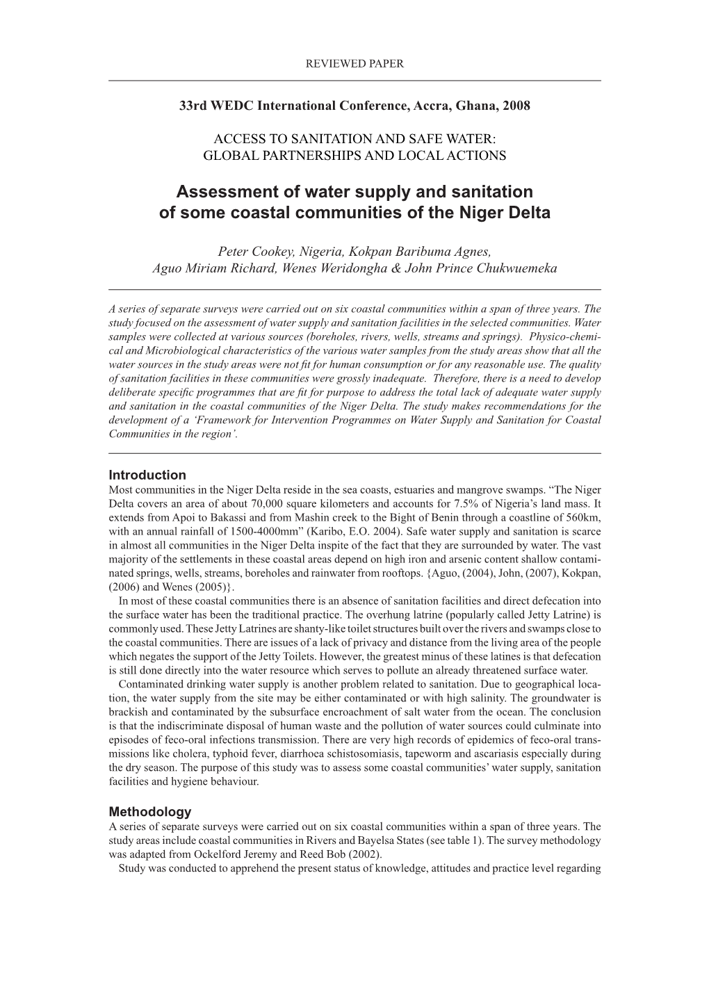 Assessment of Water Supply and Sanitation of Some Coastal Communities of the Niger Delta