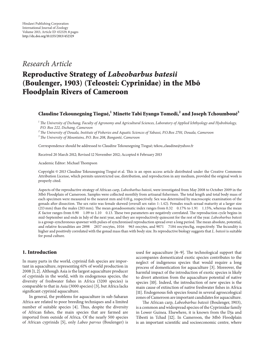 Reproductive Strategy of Labeobarbus Batesii (Boulenger, 1903) (Teleostei: Cyprinidae) in the Mbô Floodplain Rivers of Cameroon