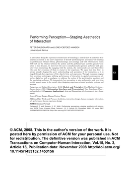 Performing Perception—Staging Aesthetics of Interaction