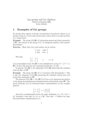 Lie Groups and Lie Algebras 1 Examples of Lie Groups