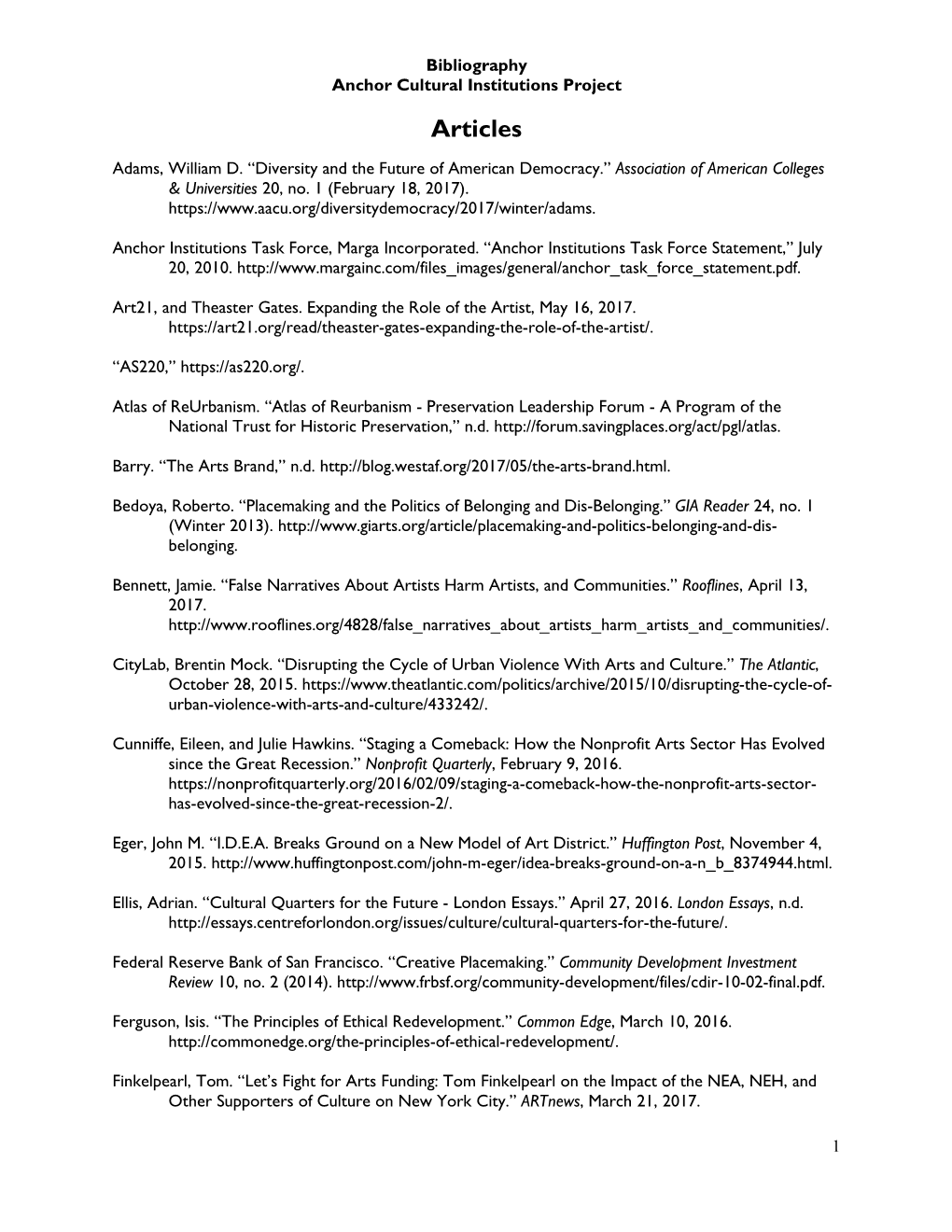 Bibliography of Anchor Cultural Institutions Project