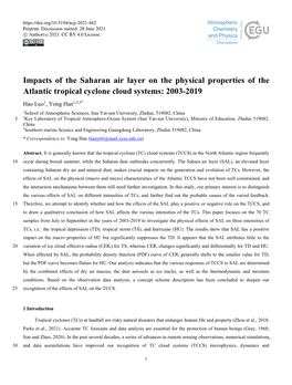 Impacts of the Saharan Air Layer on the Physical Properties of the Atlantic Tropical Cyclone Cloud Systems: 2003-2019
