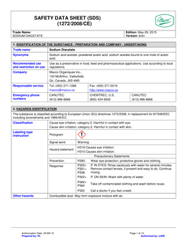 Safety Data Sheet (Sds) (1272/2008/Ce)
