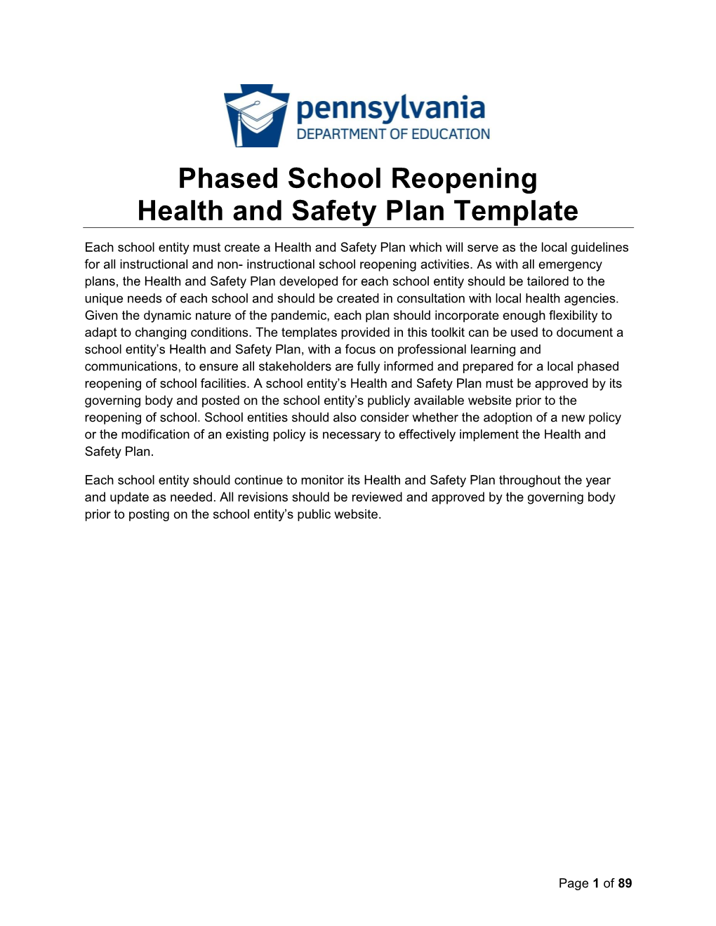 Phased School Reopening Health and Safety Plan Template