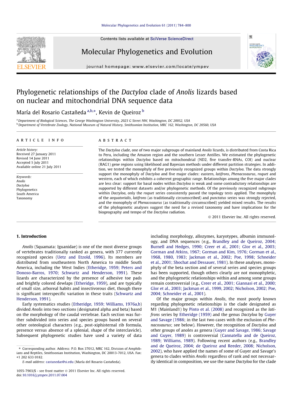 Phylogenetic Relationships of the Dactyloa Clade of Anolis Lizards Based on Nuclear and Mitochondrial DNA Sequence Data