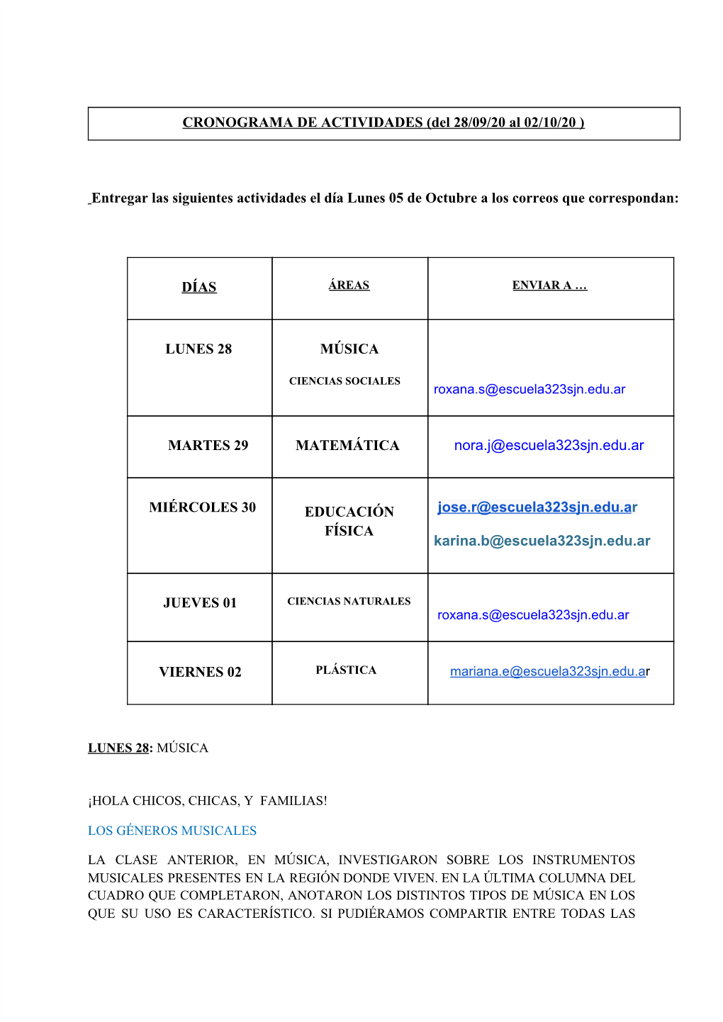 Entregar Las Siguientes Actividades El Día Lunes 05 De Octubre a Los Correos Que Correspondan: ​