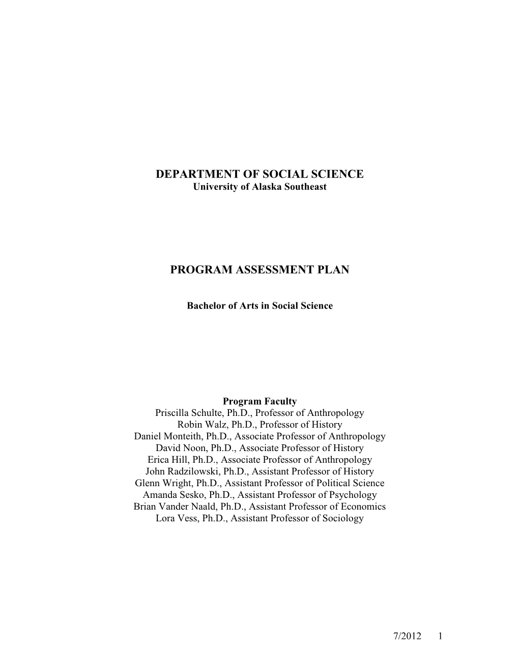 Department of Social Science Program Assessment Plan