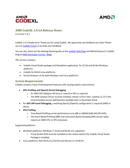 AMD Codexl 1.0 GA Release Notes (Version 1.0.)