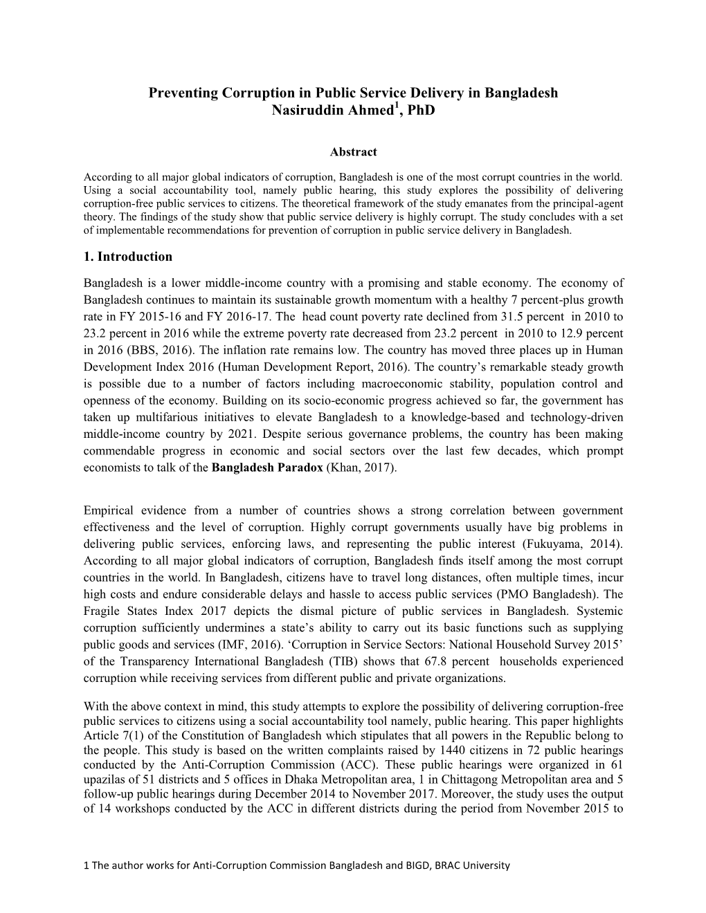 Preventing Corruption in Public Service Delivery in Bangladesh Nasiruddin Ahmed1, Phd