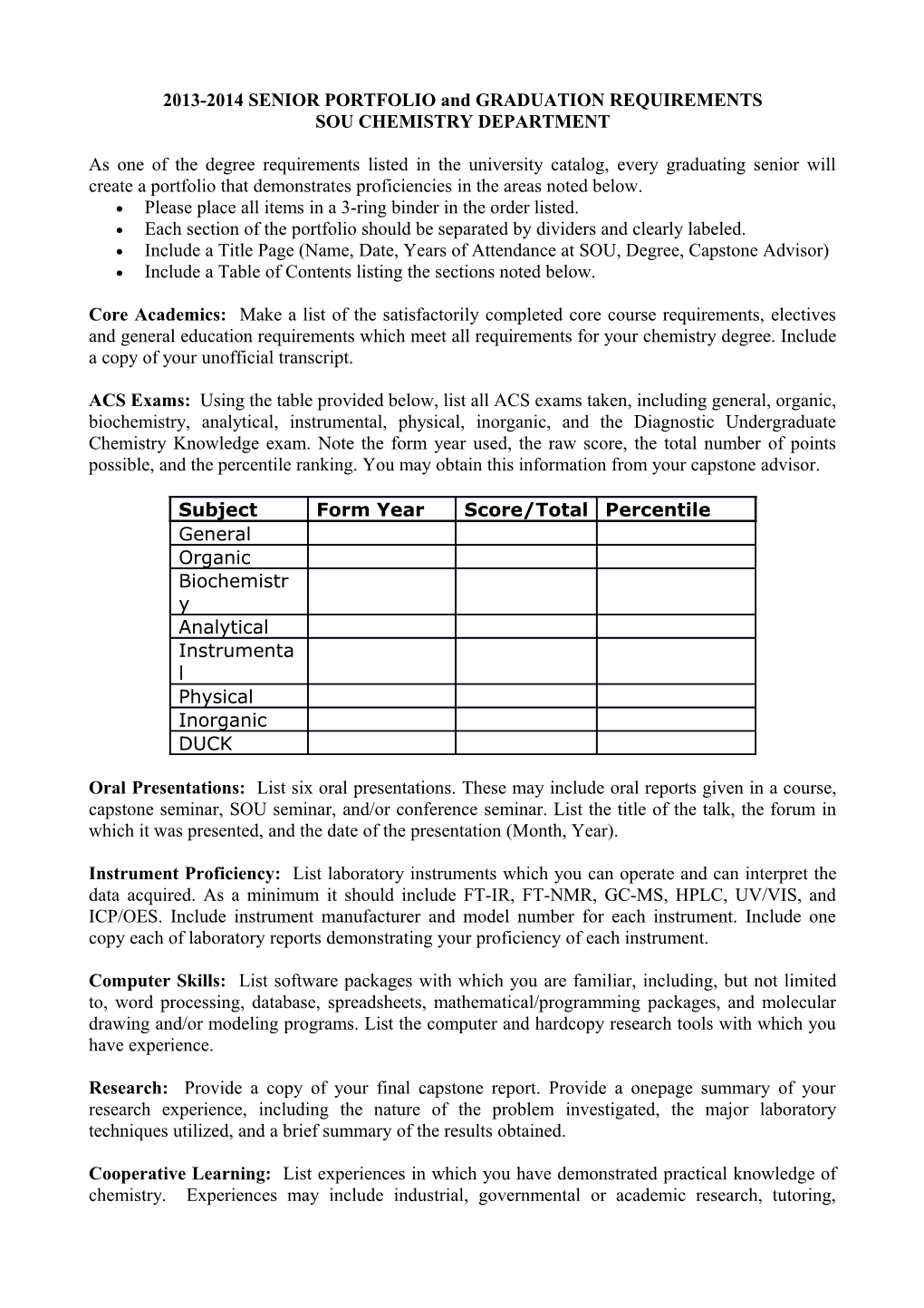 Outcome Assessments Sou Chemistry Department (1998-99)