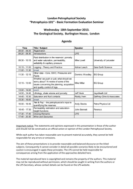 London Petrophysical Society “Petrophysics-101” - Basic Formation Evaluation Seminar