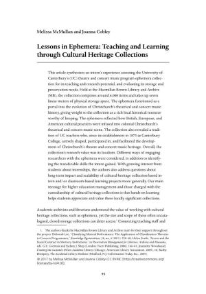 Lessons in Ephemera: Teaching and Learning Through Cultural Heritage Collections