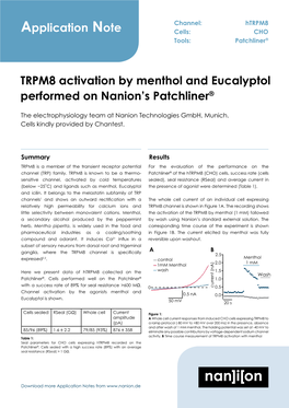 Application Note TRPM8 Activation by Menthol and Eucalyptol Performed