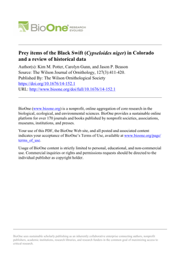 Prey Items of the Black Swift (Cypseloides Niger) in Colorado and a Review of Historical Data Author(S): Kim M