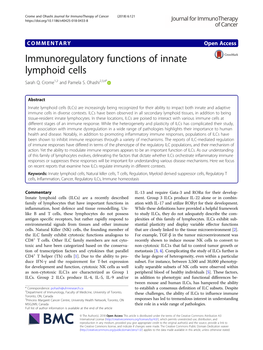 Immunoregulatory Functions of Innate Lymphoid Cells Sarah Q