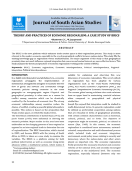 THEORY and PRACTICES of ECONOMIC REGIONALISM: a CASE STUDY of BRICS Ashameem .C C., Bk