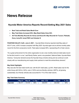 Hyundai Motor America Reports Record-Setting May 2021 Sales