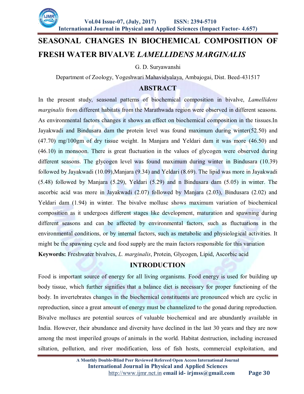 Seasonal Changes in Biochemical Composition of Fresh Water Bivalve Lamellidens Marginalis G