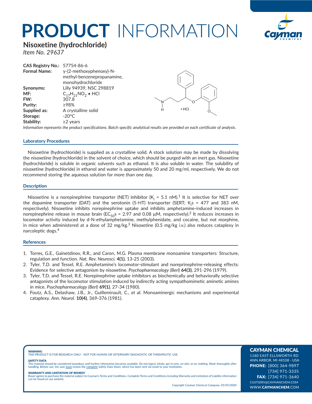 PRODUCT INFORMATION Nisoxetine (Hydrochloride) Item No