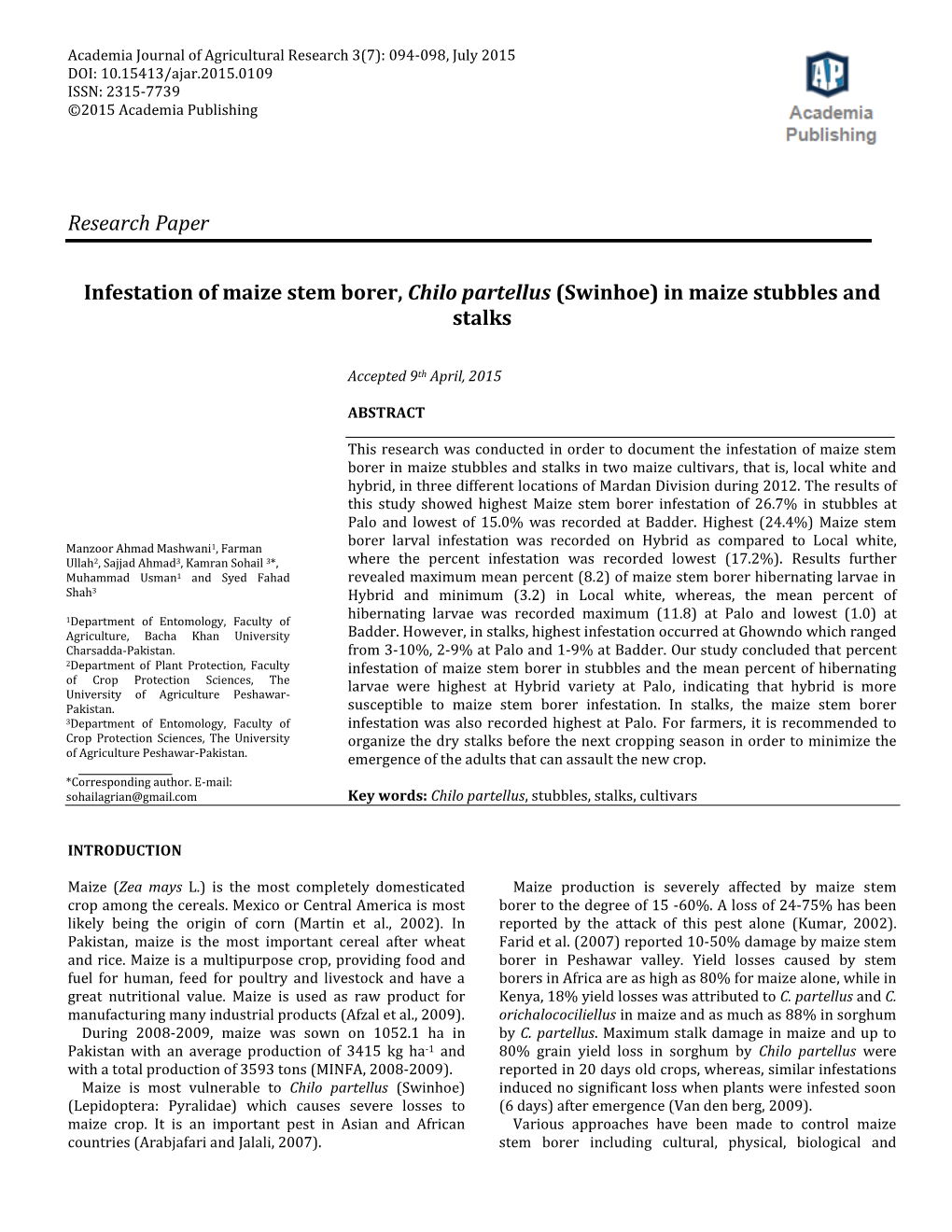 Research Paper Infestation of Maize Stem Borer