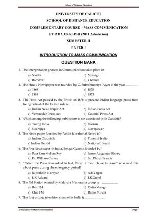 Introduction to Mass Communication Question Bank