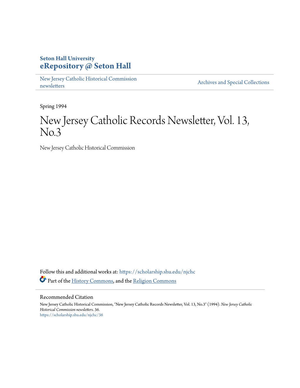 New Jersey Catholic Records Newsletter, Vol. 13, No.3 New Jersey Catholic Historical Commission