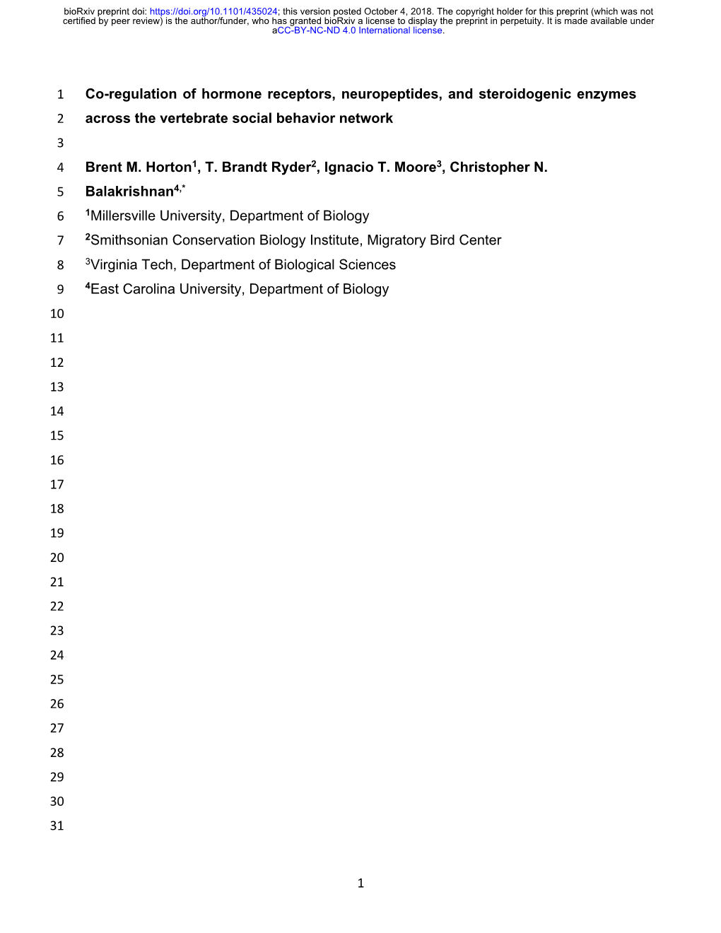 Co-Regulation of Hormone Receptors, Neuropeptides, and Steroidogenic Enzymes 2 Across the Vertebrate Social Behavior Network 3 4 Brent M