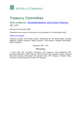 Treasury Committee Oral Evidence: Decarbonisation and Green Finance, HC 147