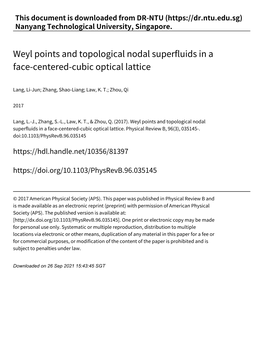 Weyl Points and Topological Nodal Superfluids in a Face‑Centered‑Cubic Optical Lattice