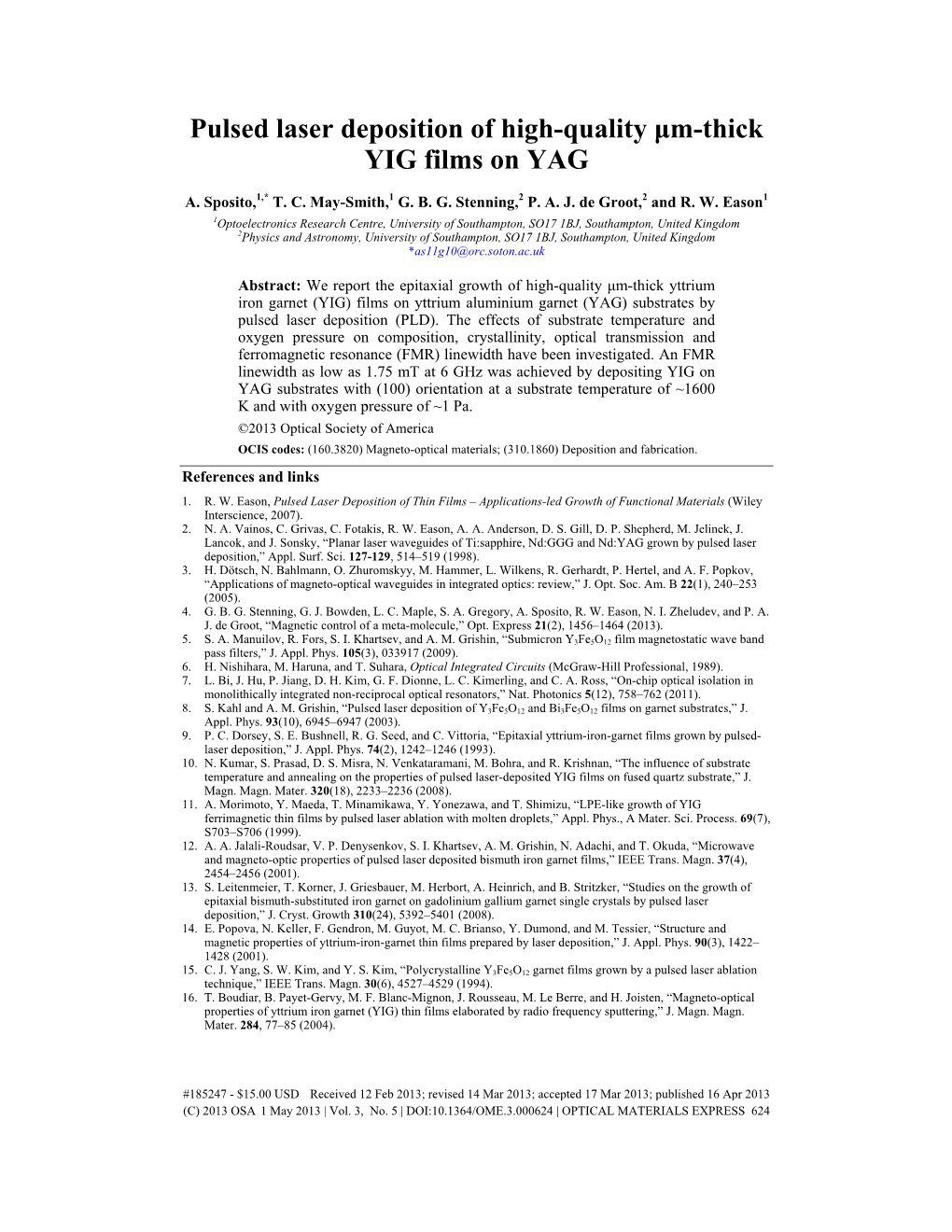 Pulsed Laser Deposition of High-Quality Μm-Thick YIG Films on YAG