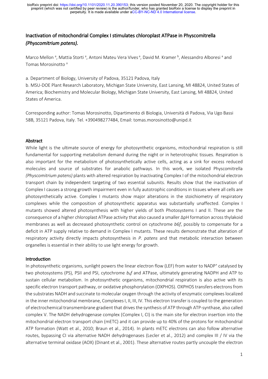 Inactivation of Mitochondrial Complex I Stimulates Chloroplast Atpase in Physcomitrella (Physcomitrium Patens)