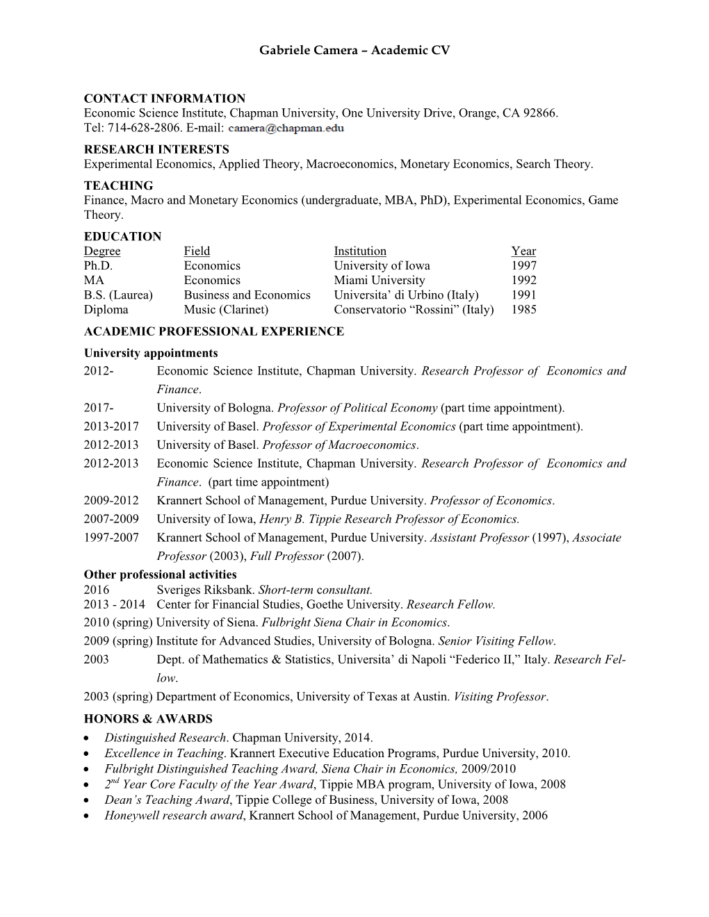 Gabriele Camera – Academic CV