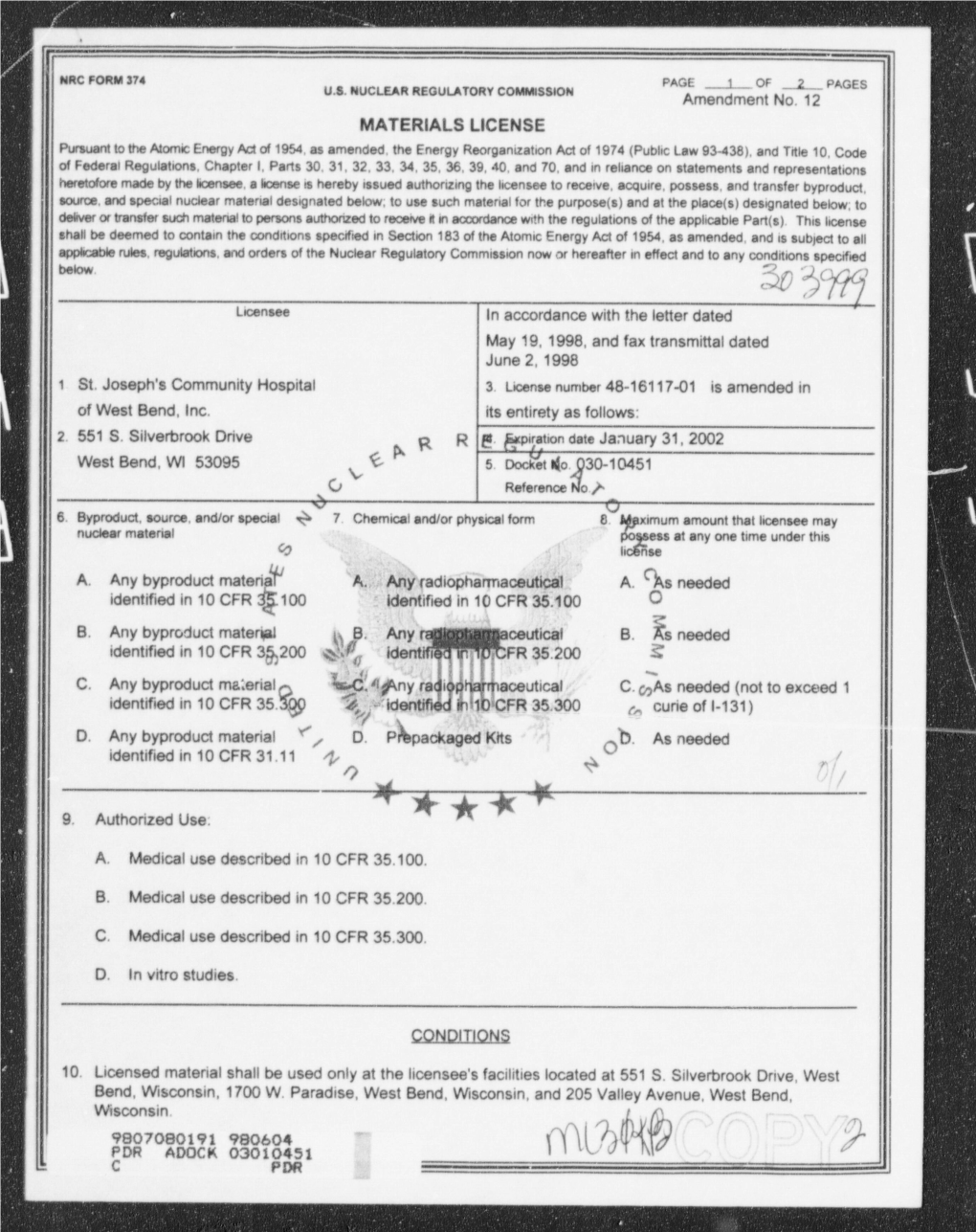 Matls Licensing Package for Amend 12 to License 48-16117-01 for St